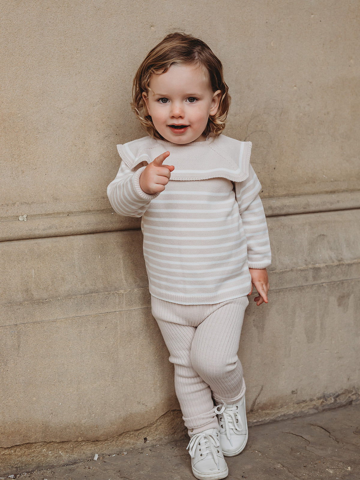 'Maxwell' Beige Stripe Sailor Collar knitted top & legging set - Rose & Albert