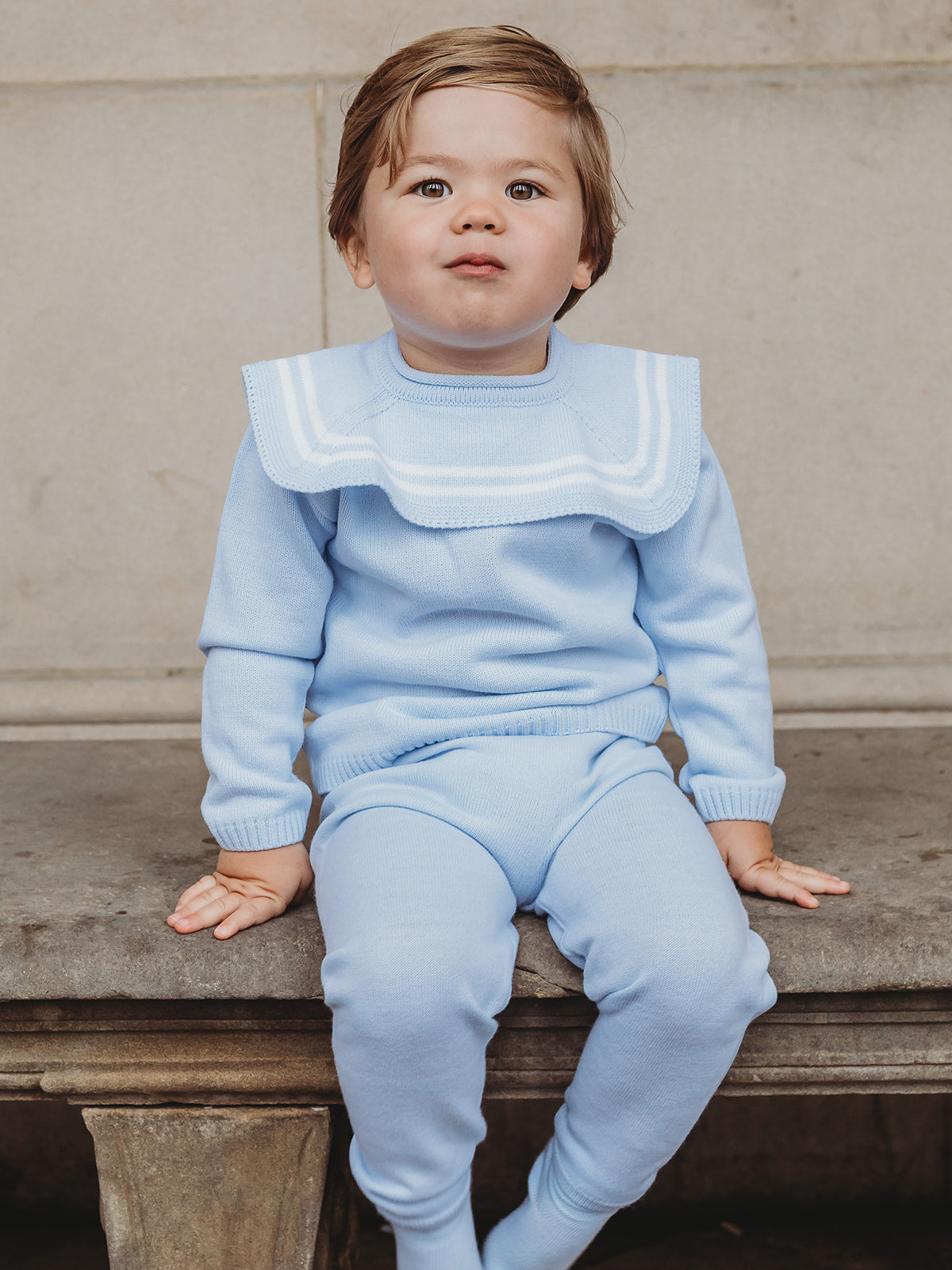 'William' baby blue & white knitted suit with sailor collar - Rose & Albert