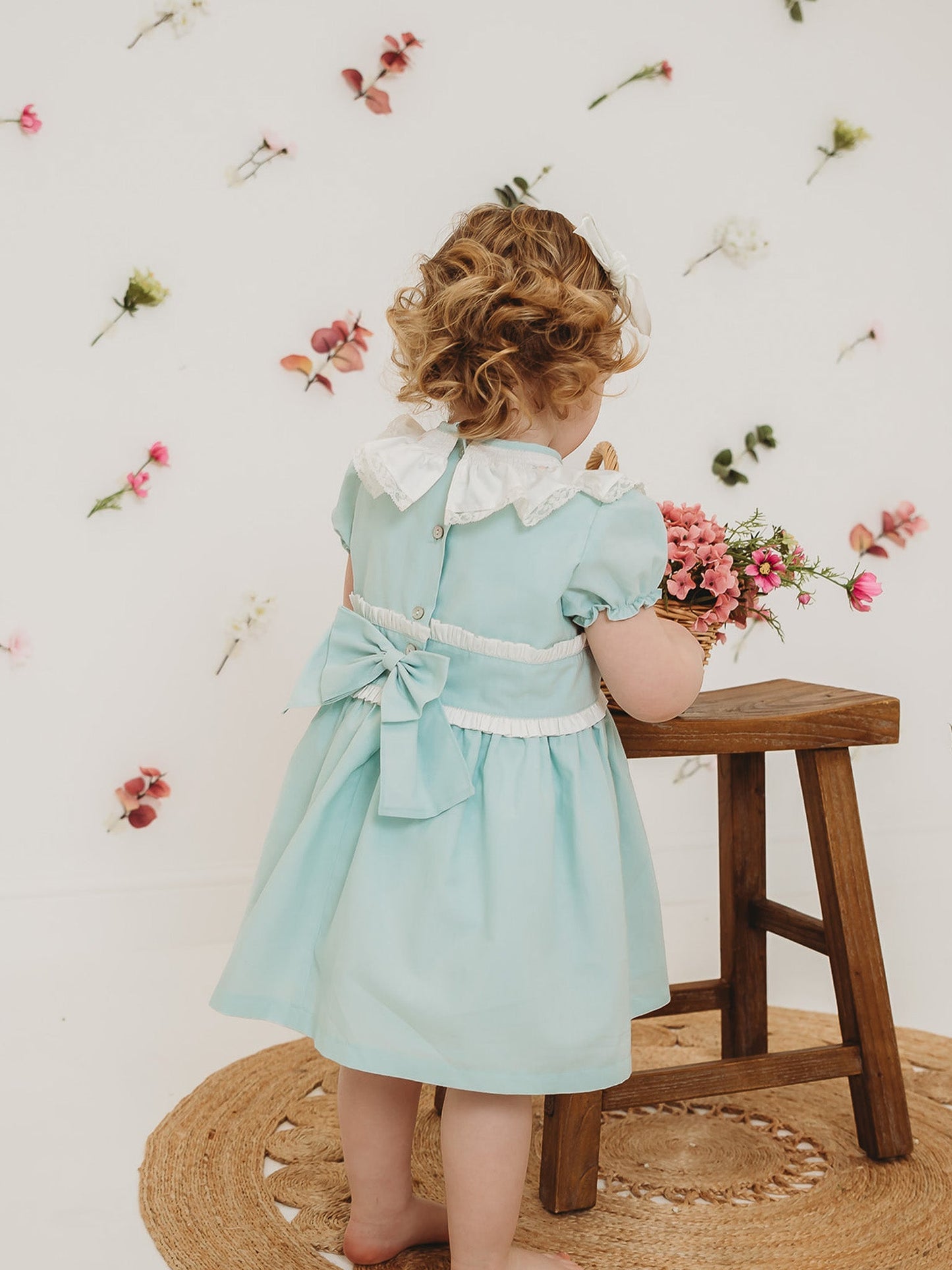 'Martha' Mint Green Embroidered and Frill Collar Dress - Rose & Albert