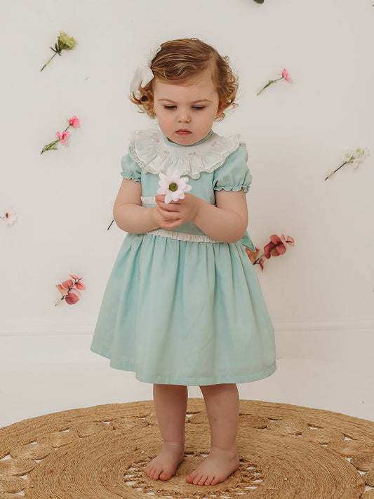 'Martha' Mint Green Embroidered and Frill Collar Dress - Rose & Albert