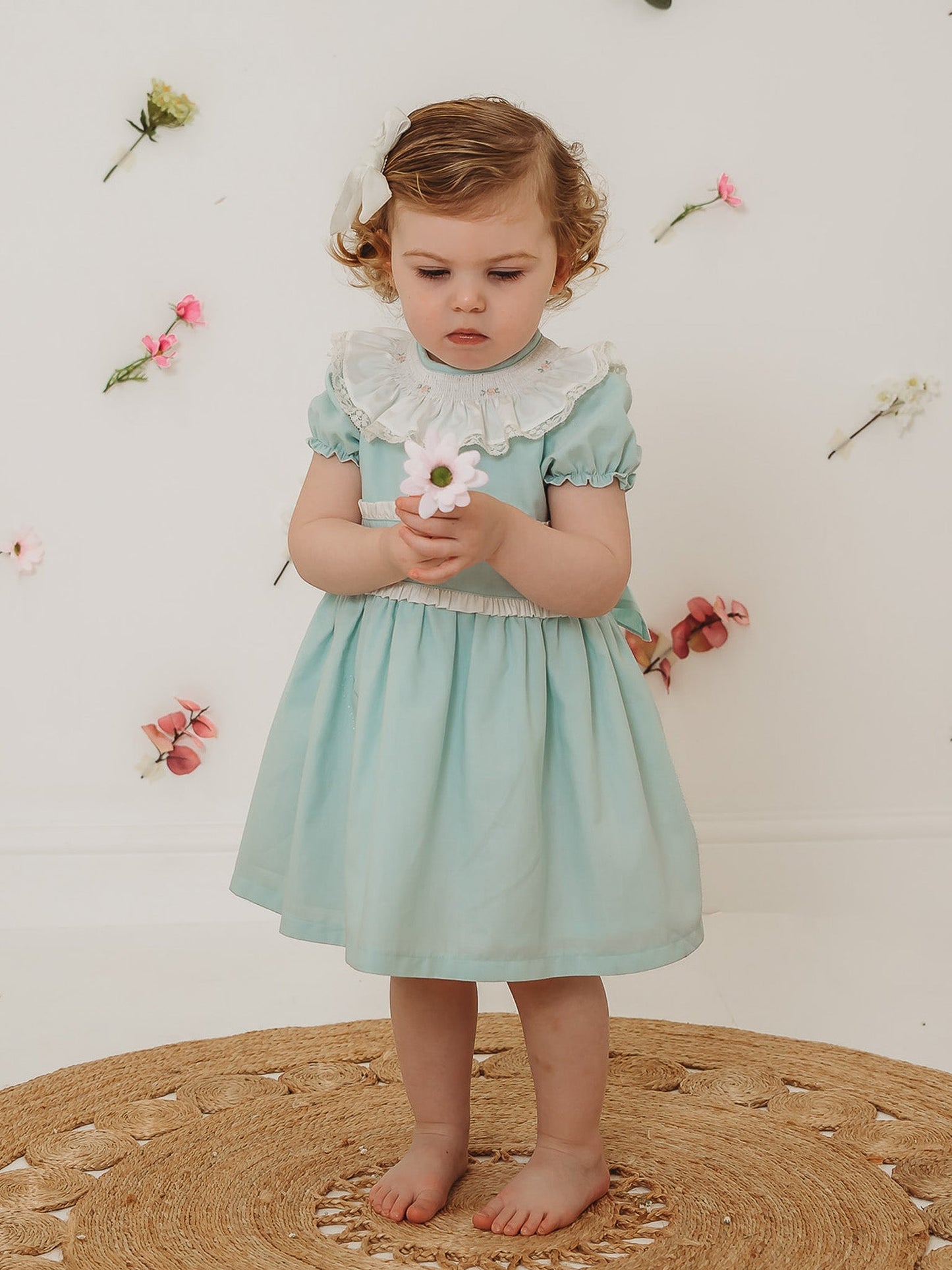 'Martha' Mint Green Embroidered and Frill Collar Dress - Rose & Albert