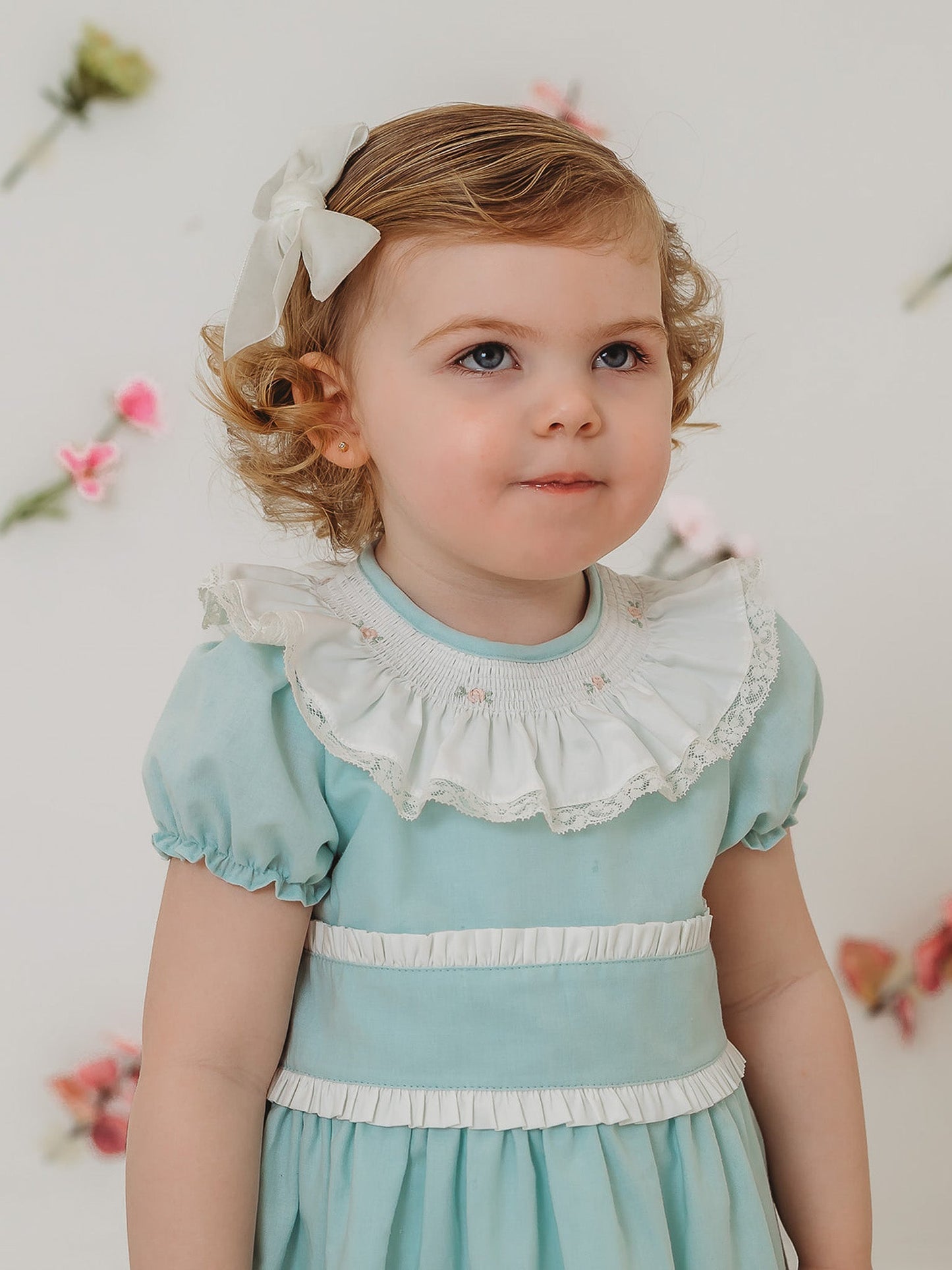 'Martha' Mint Green Embroidered and Frill Collar Dress - Rose & Albert