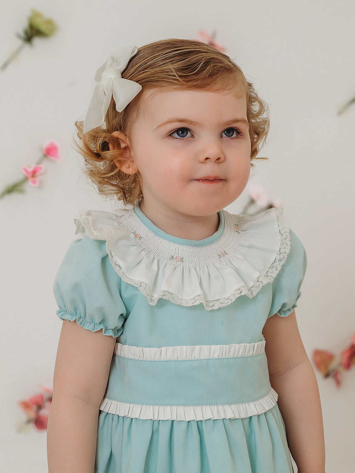 'Martha' Mint Green Embroidered and Frill Collar Dress - Rose & Albert