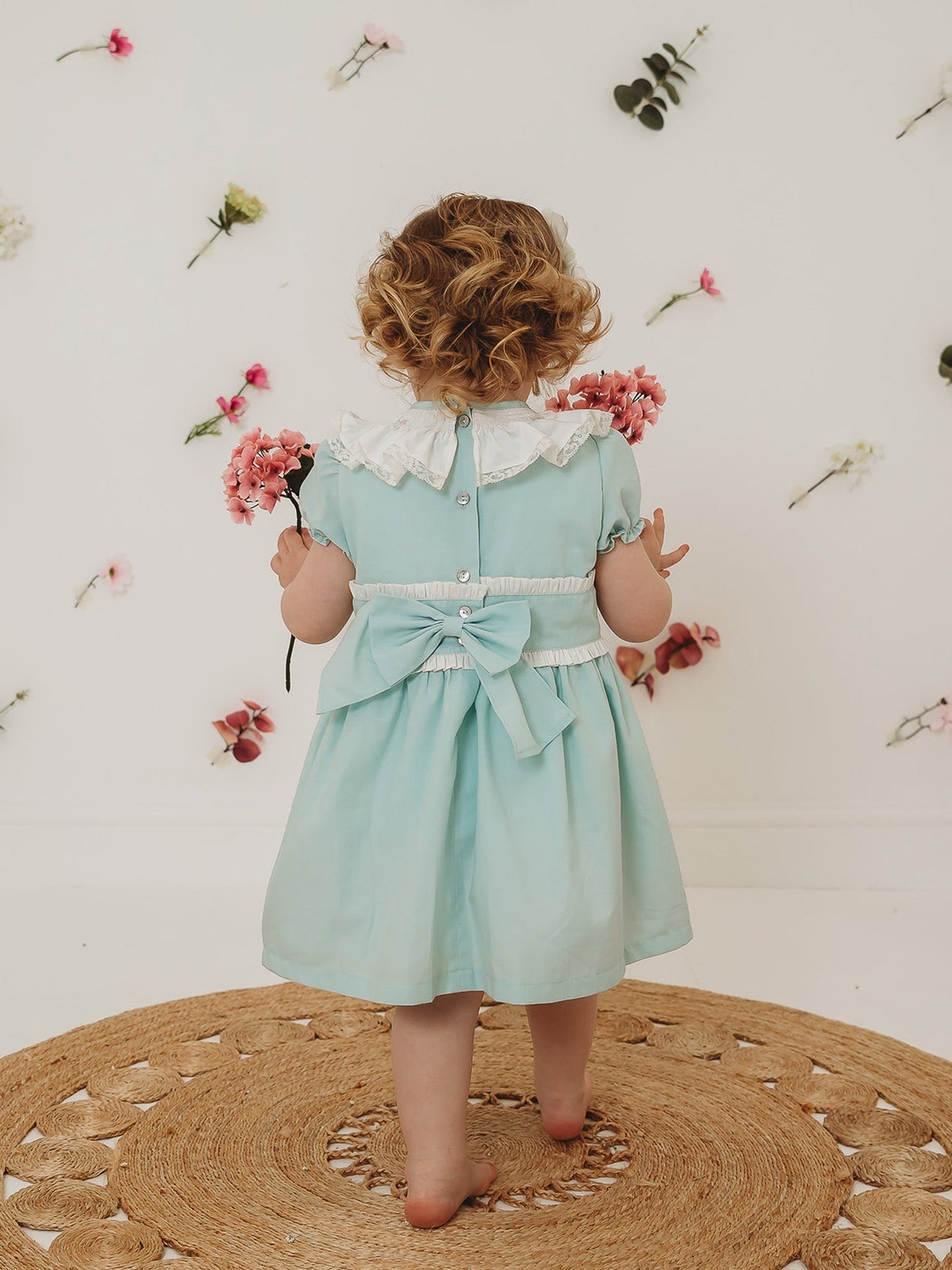'Martha' Mint Green Embroidered and Frill Collar Dress - Rose & Albert