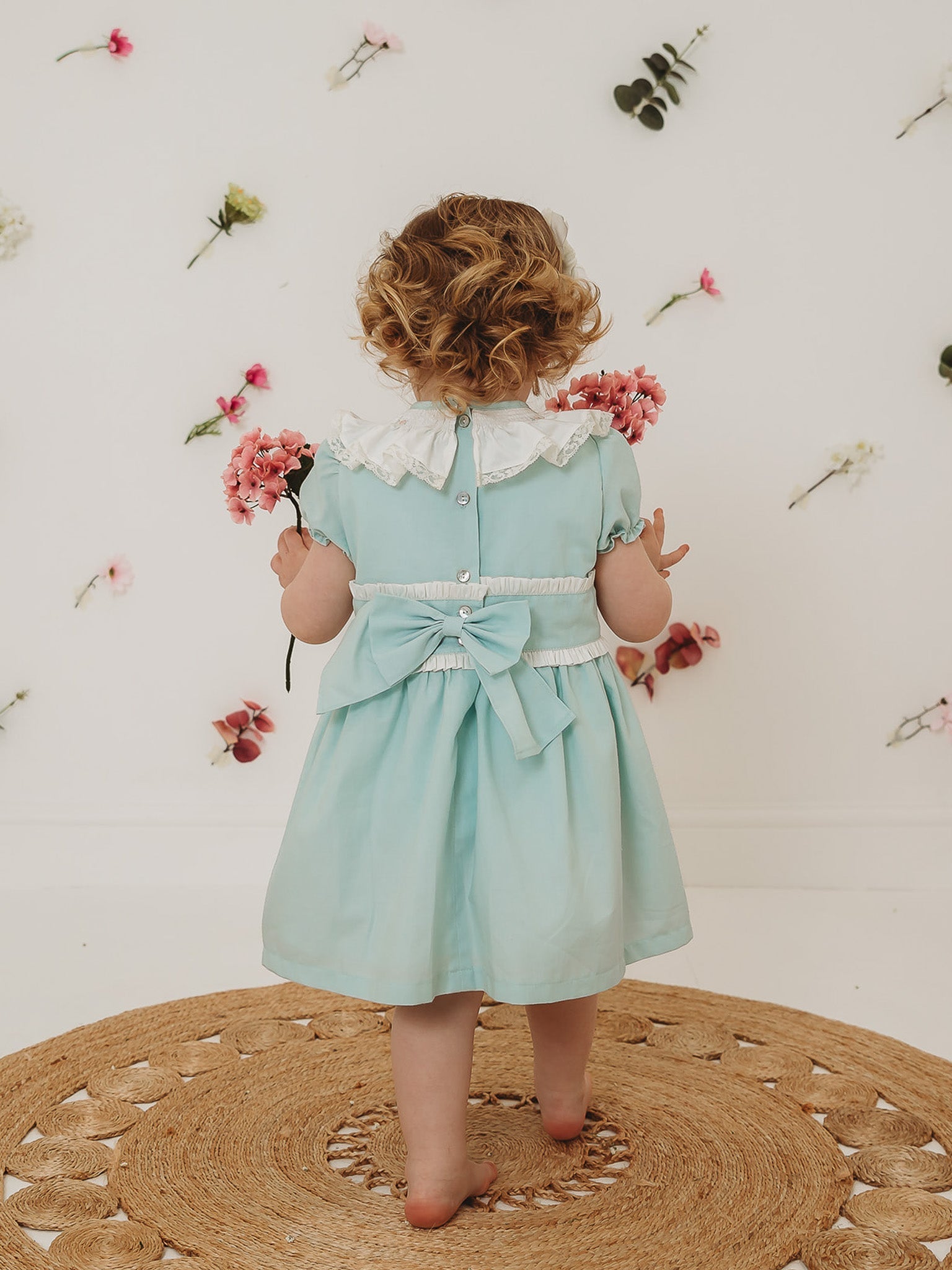 'Martha' Mint Green Embroidered and Frill Collar Dress - Rose & Albert