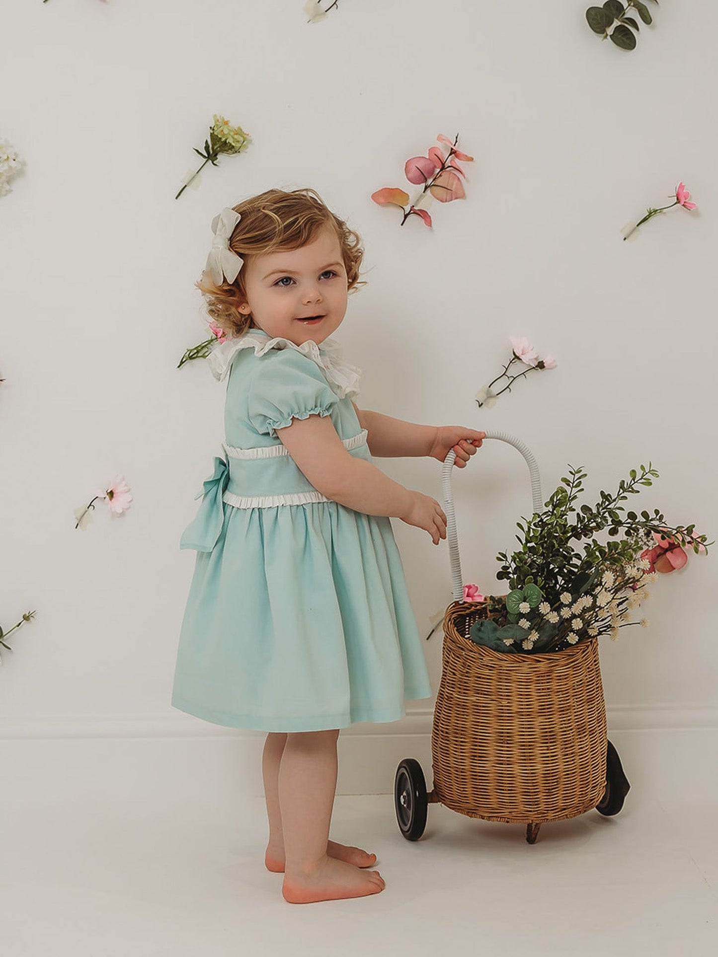 'Martha' Mint Green Embroidered and Frill Collar Dress - Rose & Albert