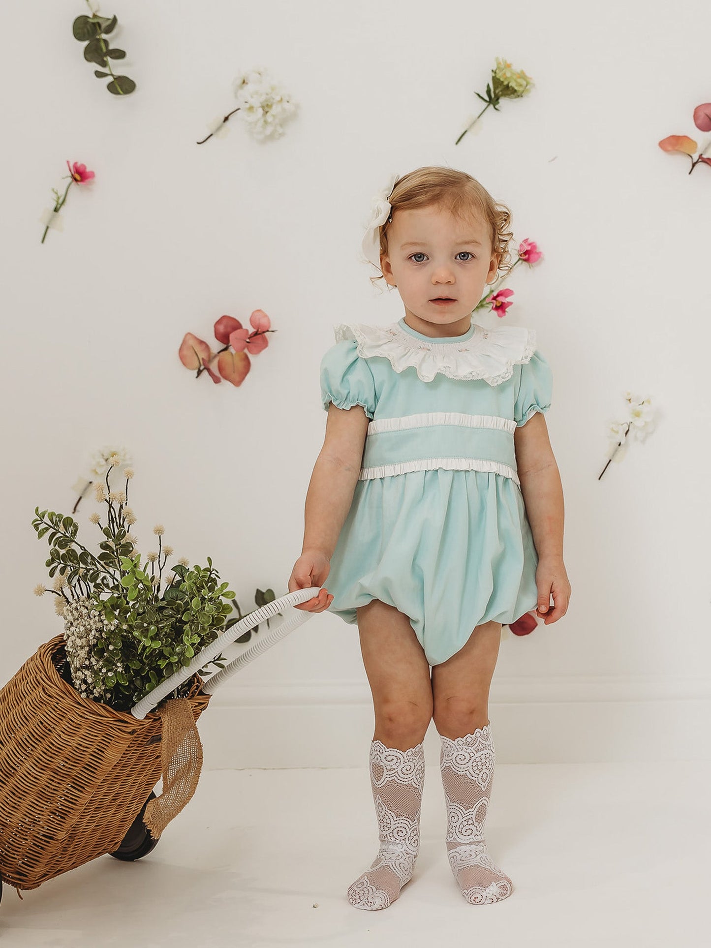 'Eva' Mint Green Embroidered & frill romper - Rose & Albert