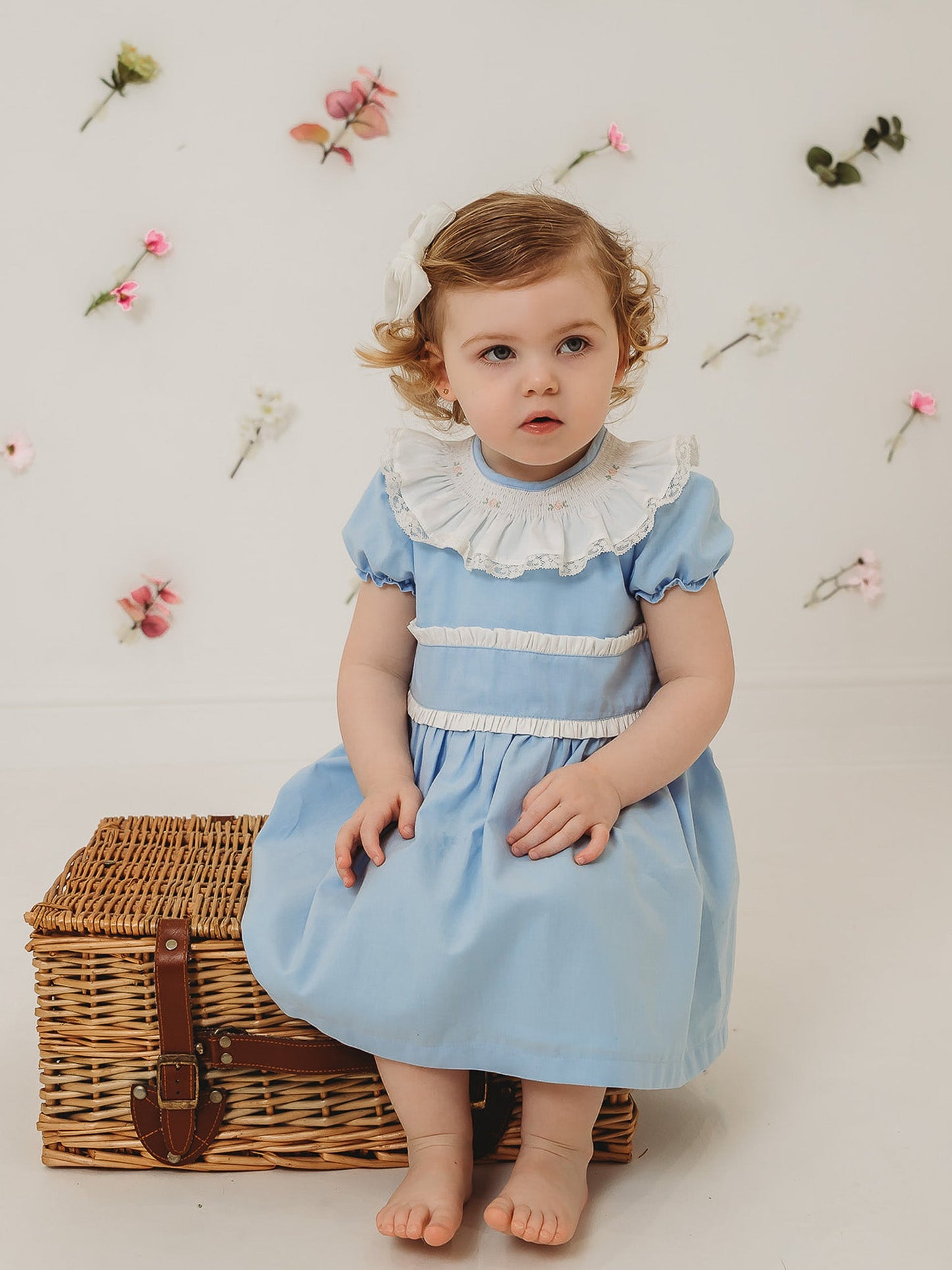 'Martha' Blue Embroidered and Frill Collar Dress