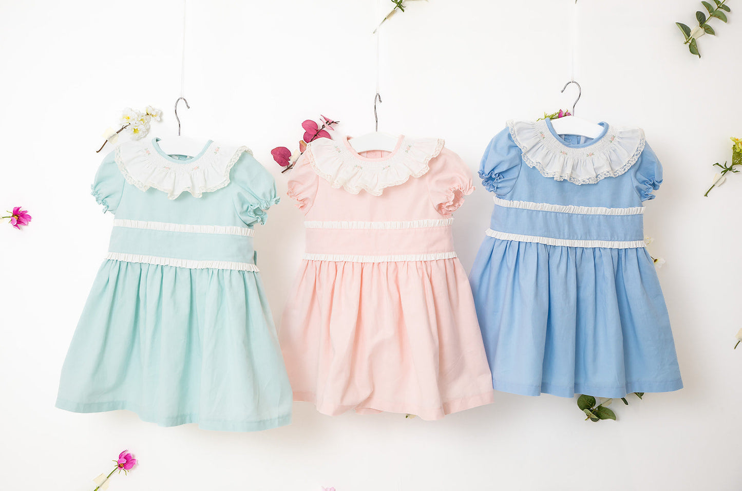 'Martha' Mint Green Embroidered and Frill Collar Dress - Rose & Albert