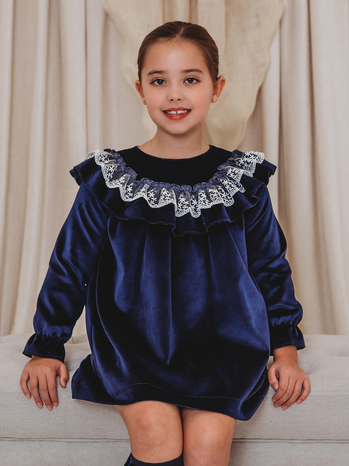 Evie Navy velvet & lace dress - Rose & Albert