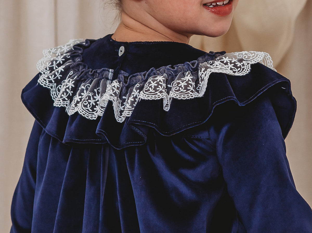 Evie Navy velvet & lace dress - Rose & Albert