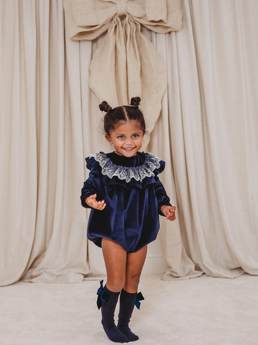 Margot Navy velvet & lace romper - Rose & Albert