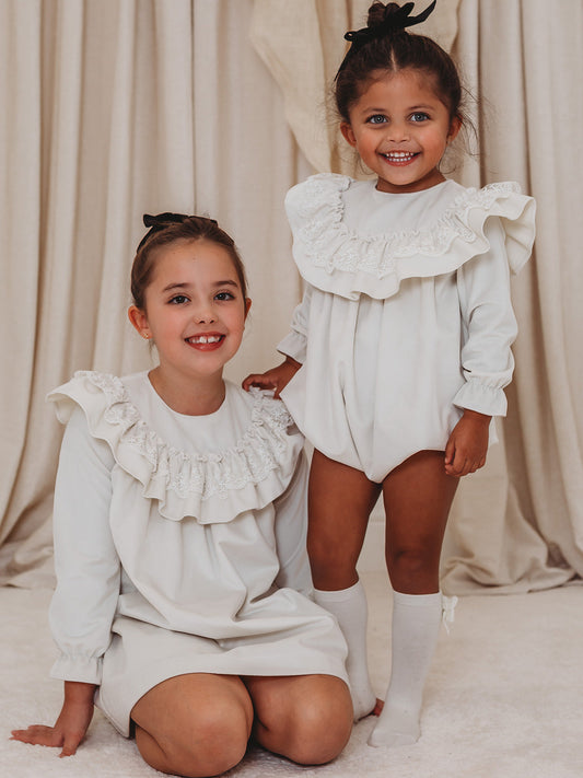Evie Ivory velvet & lace dress - Rose & Albert