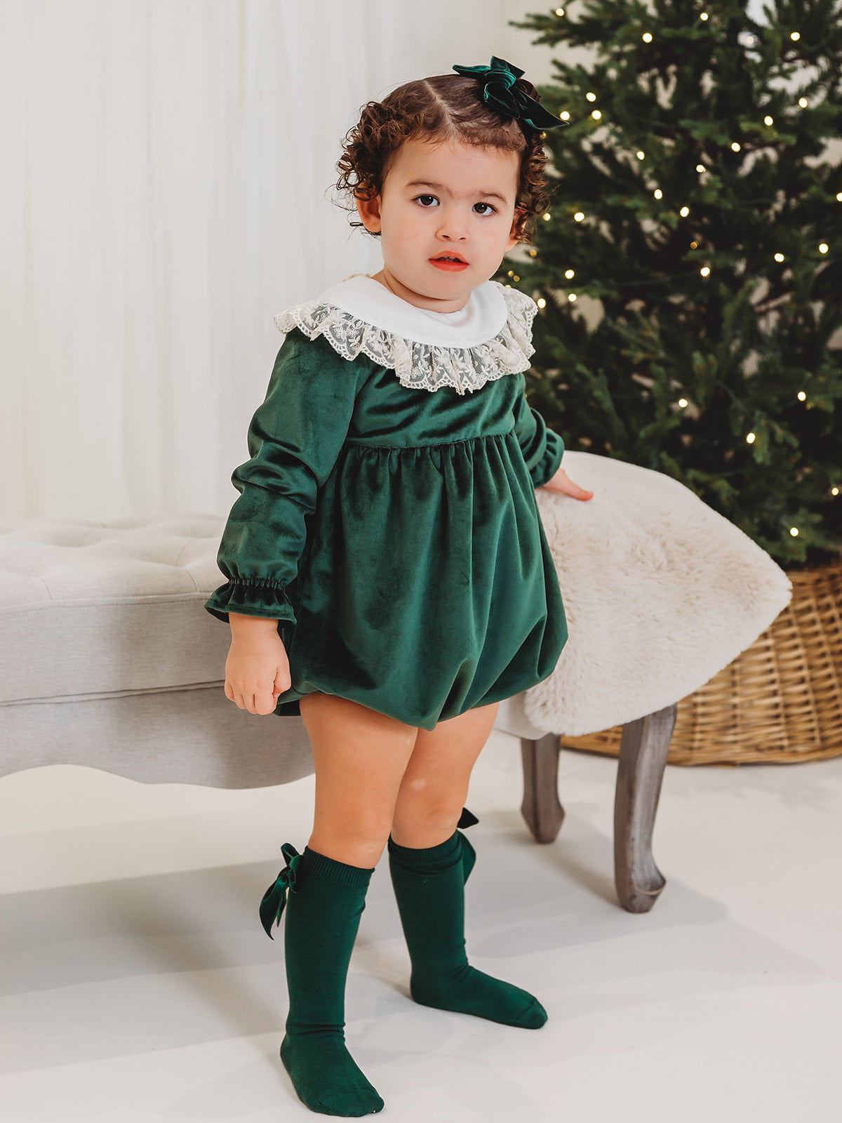 Holly Luxe Velvet Romper with statement lace collar - Rose & Albert