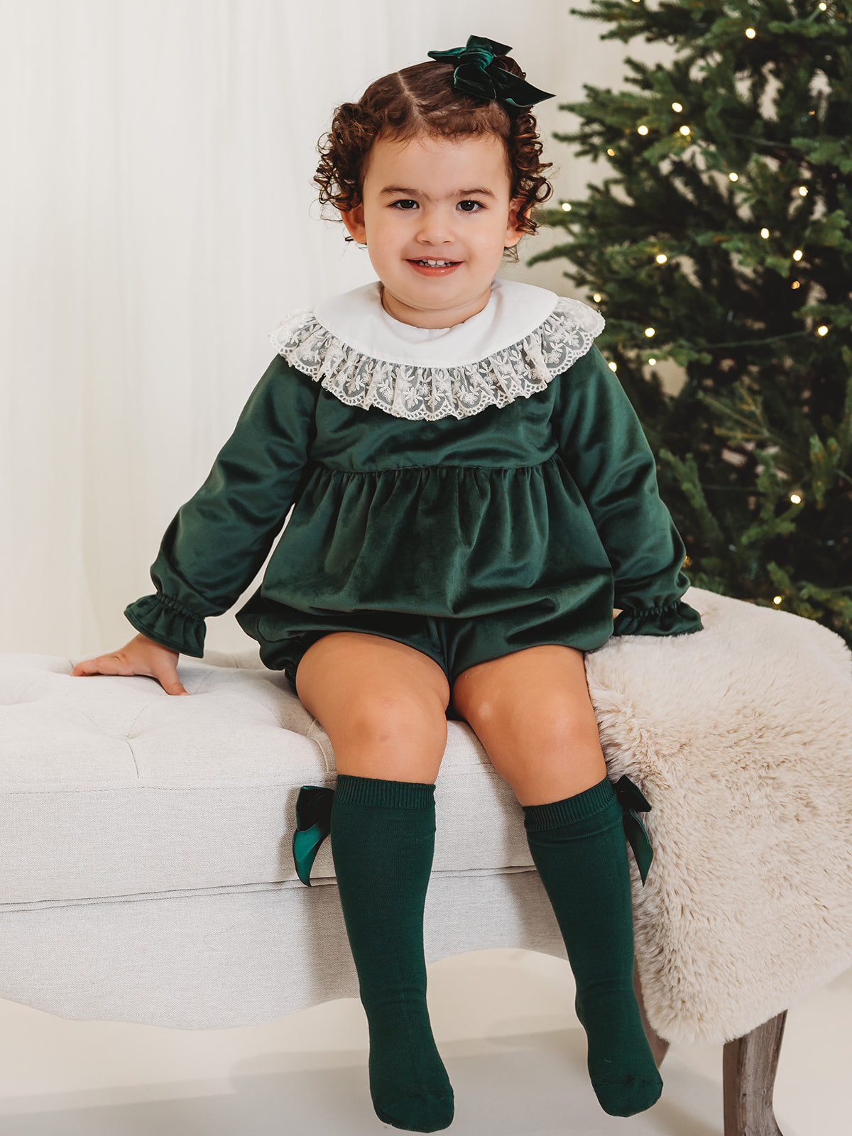 Holly Luxe Velvet Romper with statement lace collar - Rose & Albert