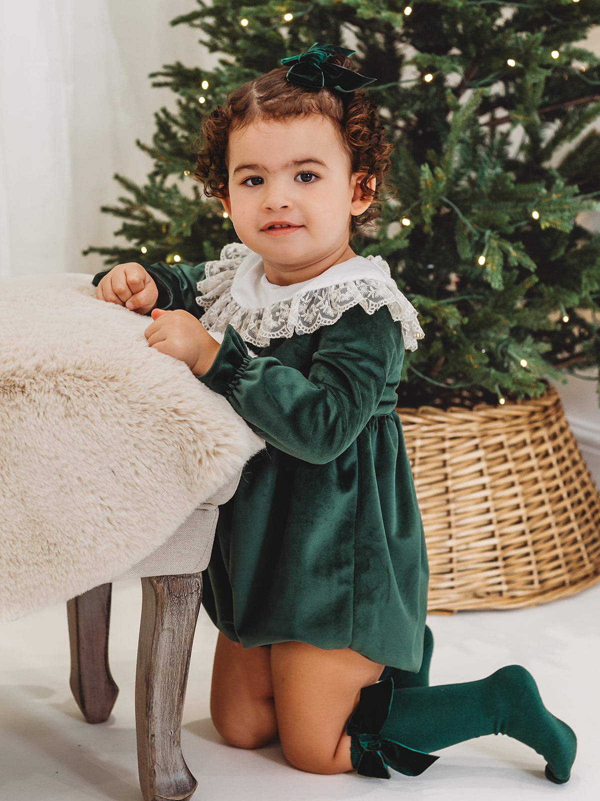 Holly Luxe Velvet Romper with statement lace collar - Rose & Albert