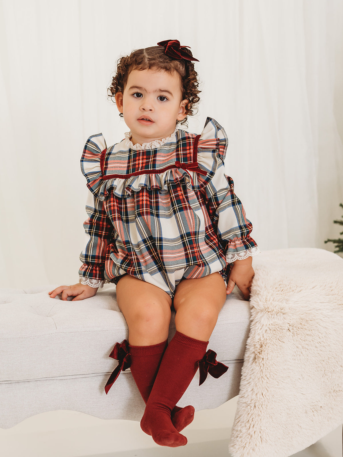 Noelle Tartan Romper with Burgundy Trim - Rose & Albert