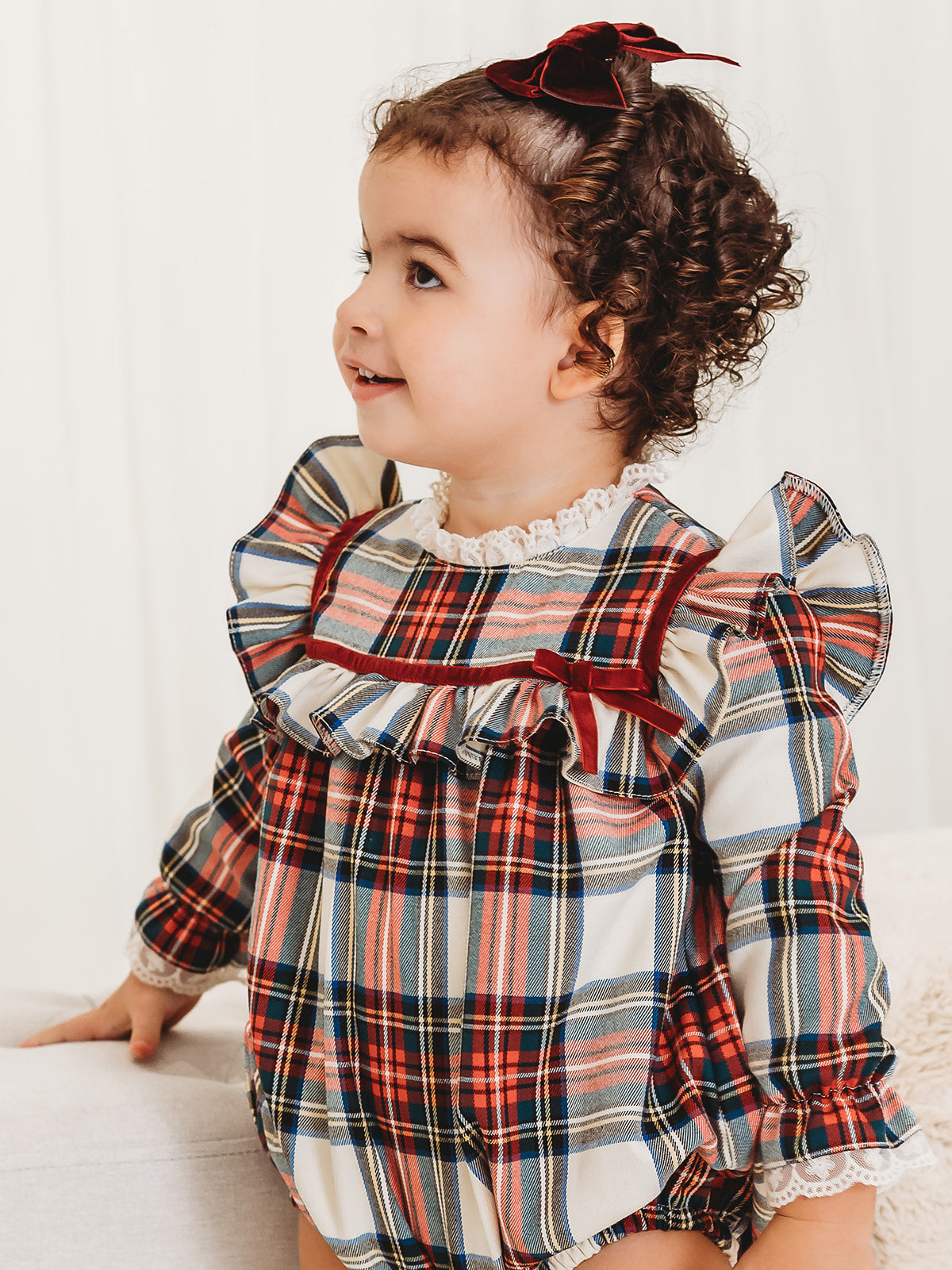 Noelle Tartan Romper with Burgundy Trim - Rose & Albert