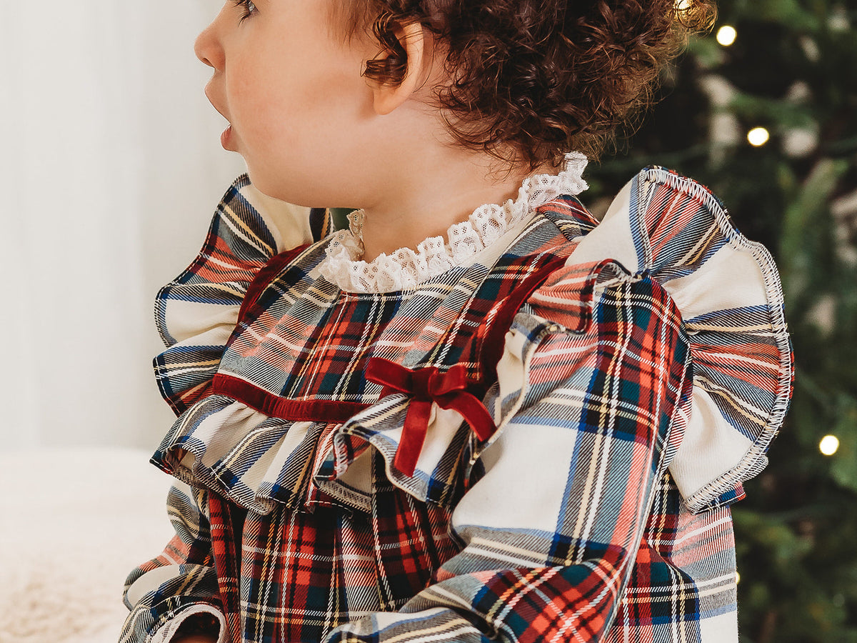 Noelle Tartan Romper with Burgundy Trim - Rose & Albert