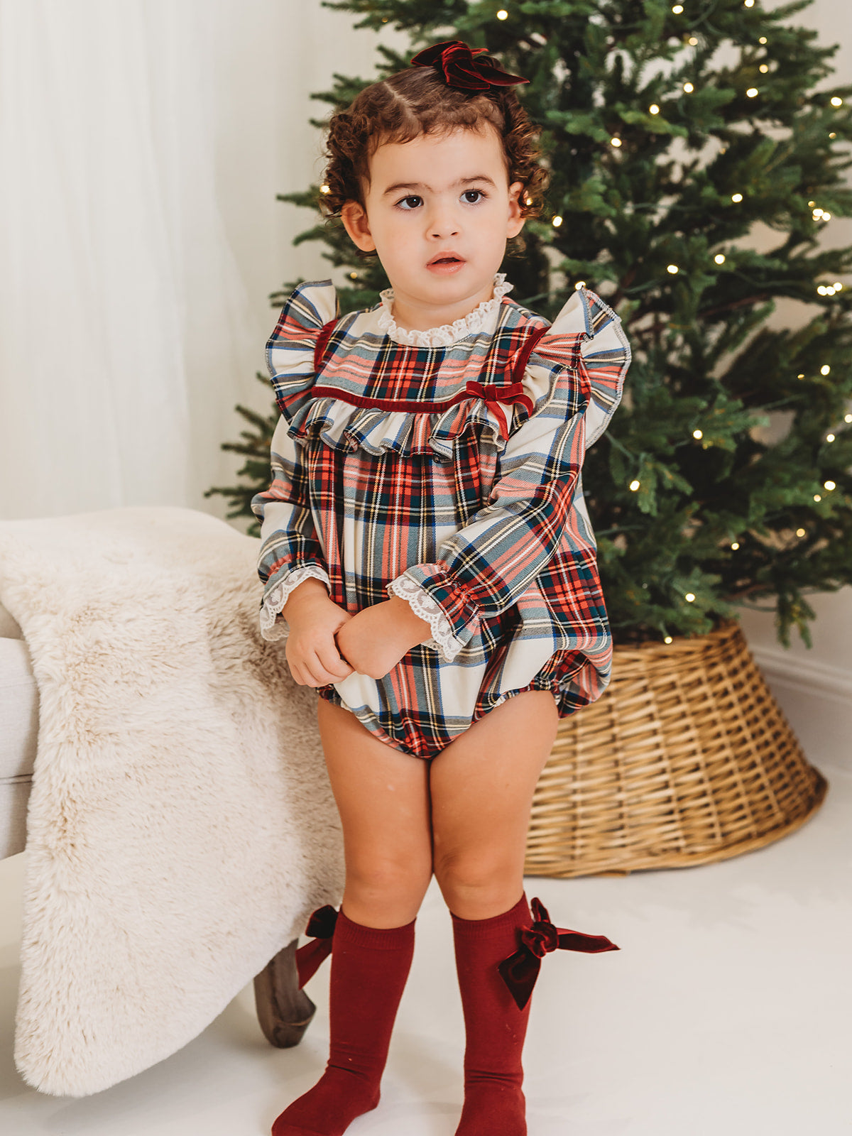 Noelle Tartan Romper with Burgundy Trim - Rose & Albert