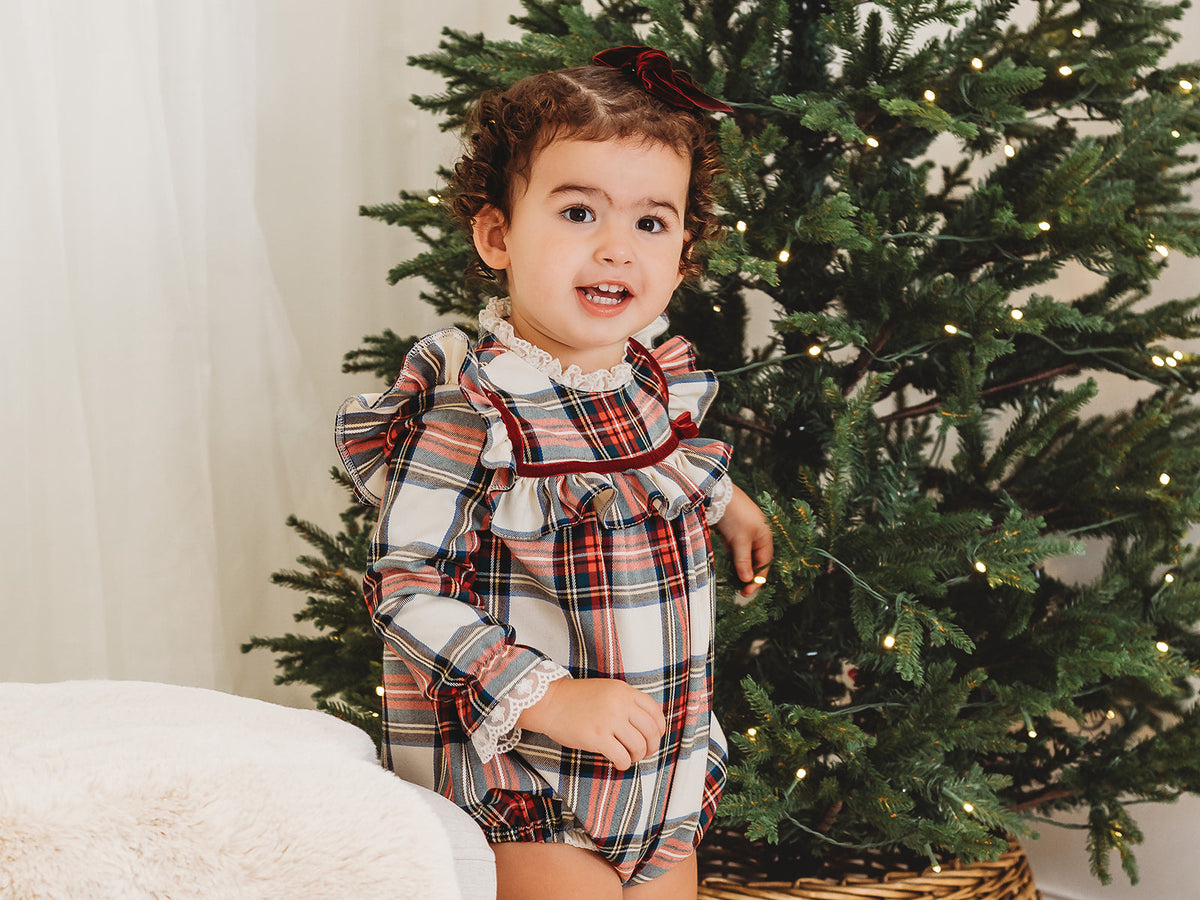 Noelle Tartan Romper with Burgundy Trim - Rose & Albert