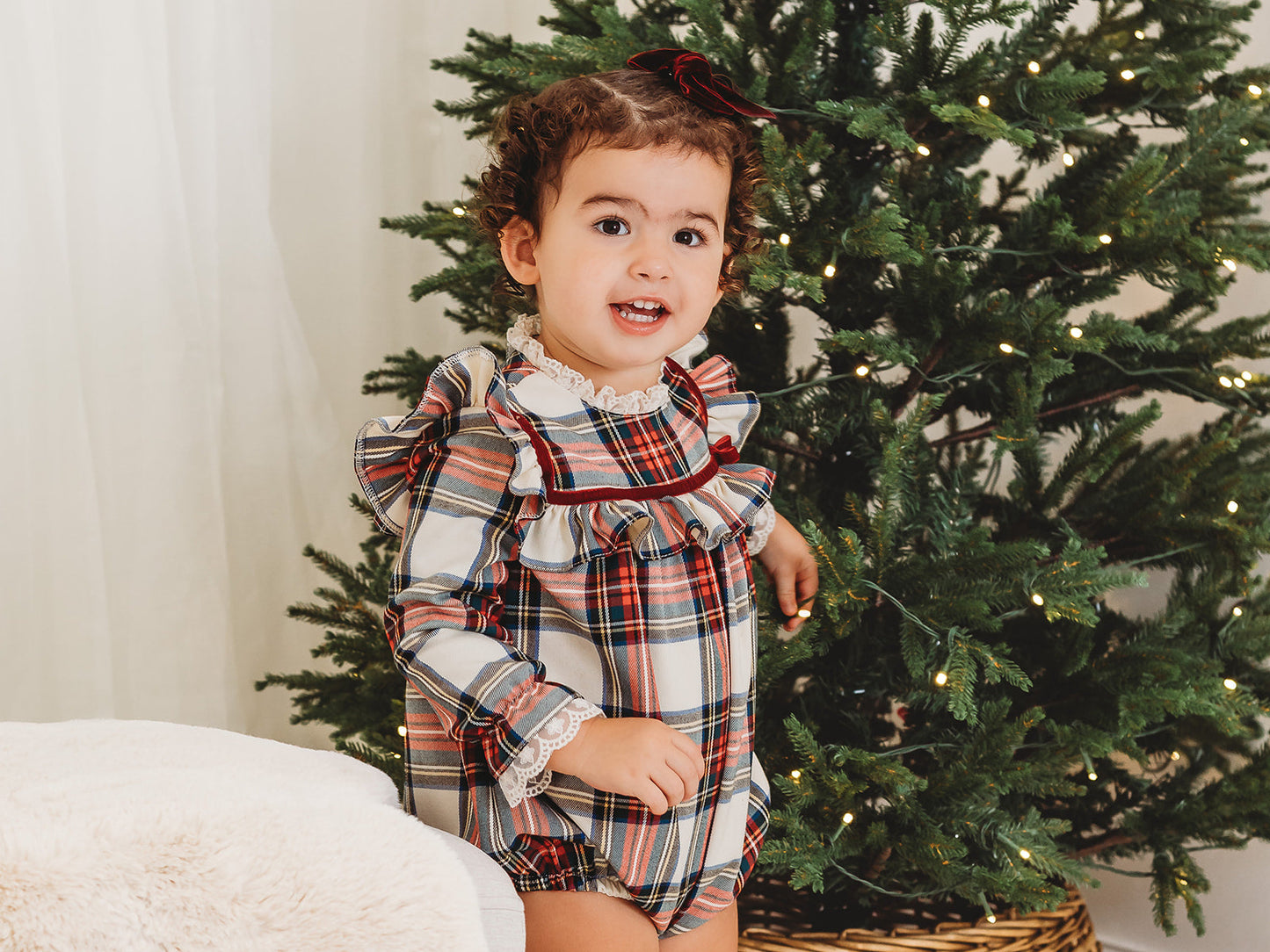 Noelle Tartan Romper with Burgundy Trim