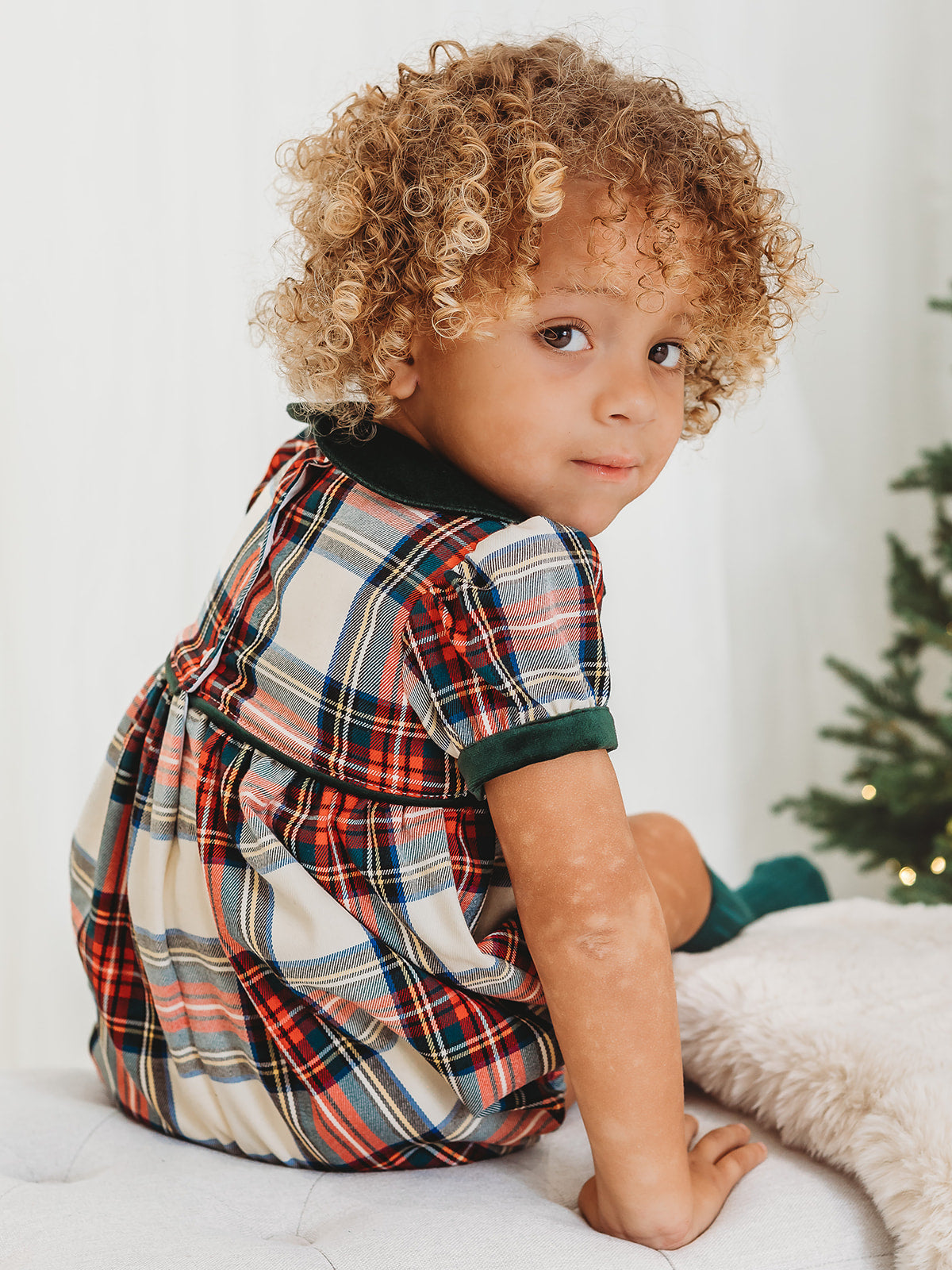 Noelle Tartan Romper with Velvet Peter Pan Collar
