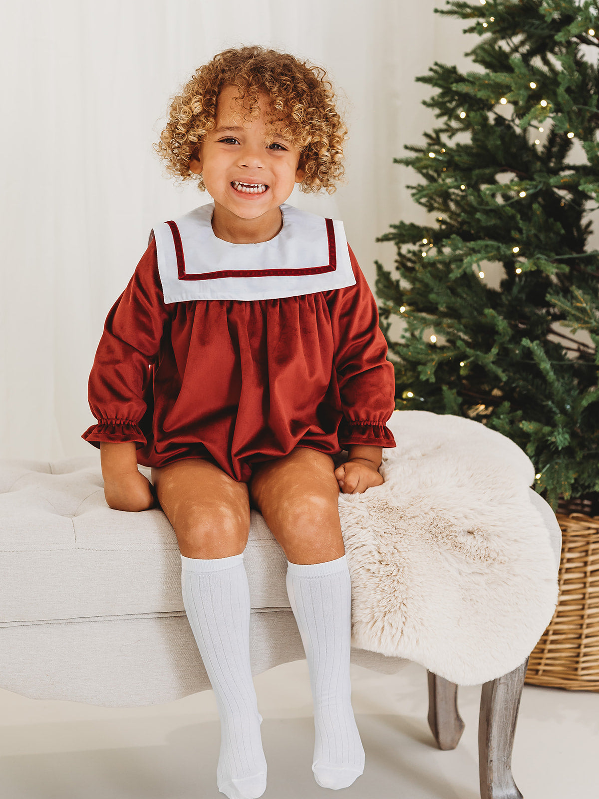 Ruby Luxe Sailor Collar Velvet Romper in Red
