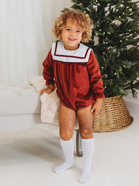 Ruby Luxe Sailor Collar Velvet Romper in Red