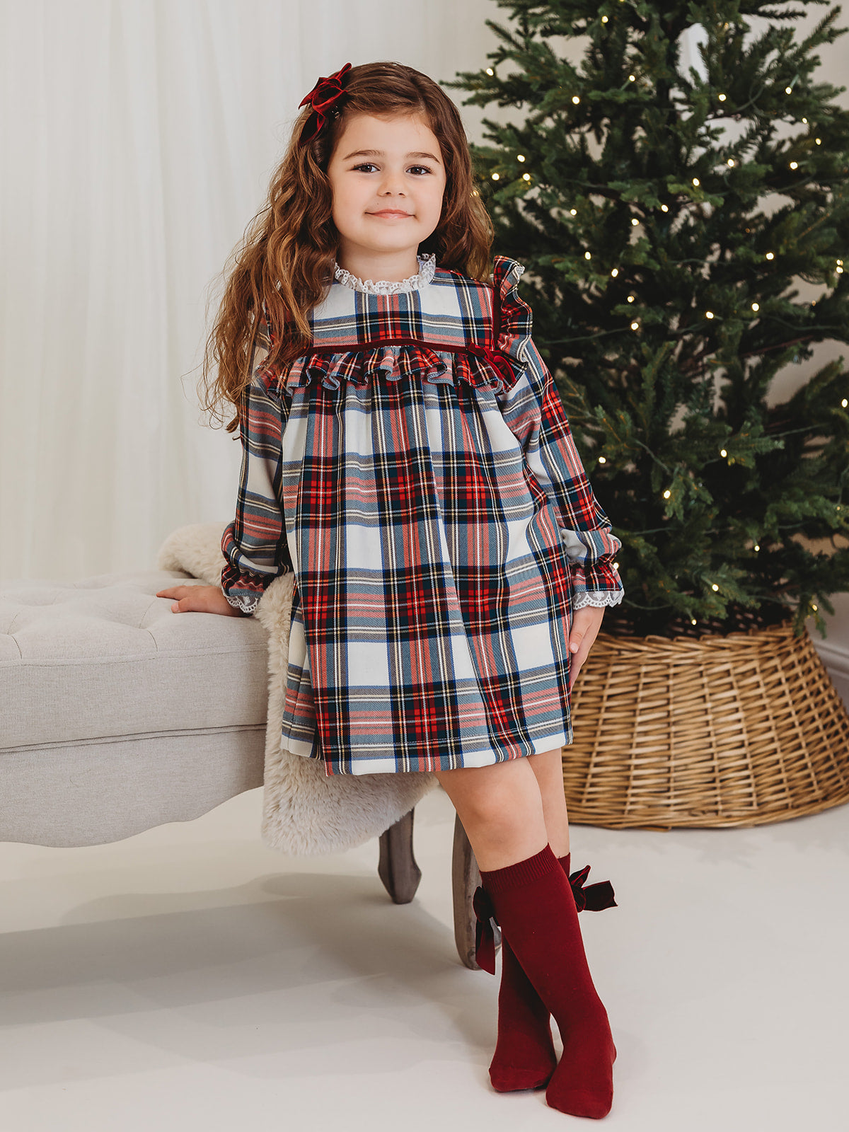 Noelle Tartan Dress with Burgundy Trim