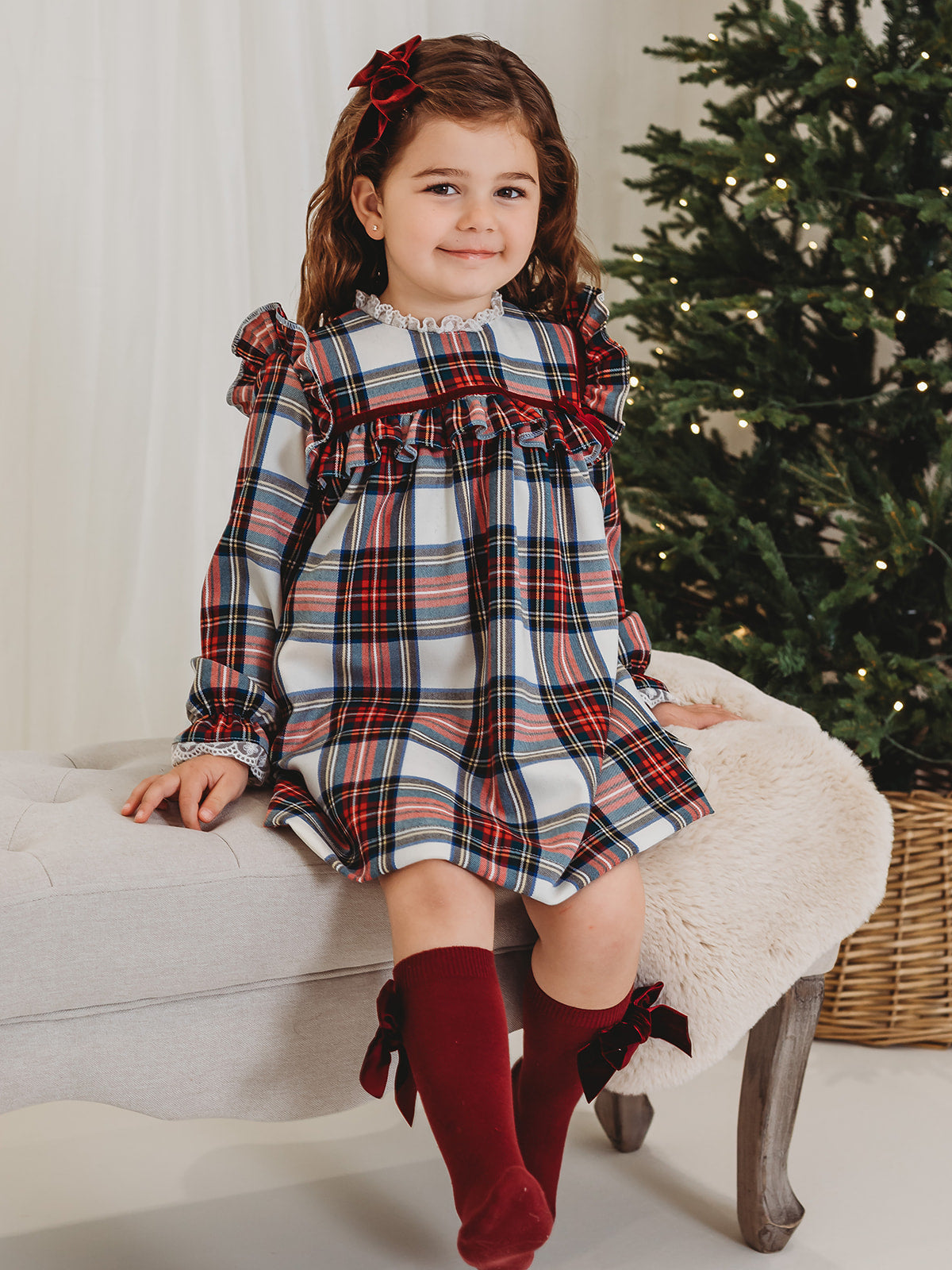 Noelle Tartan Dress with Burgundy Trim