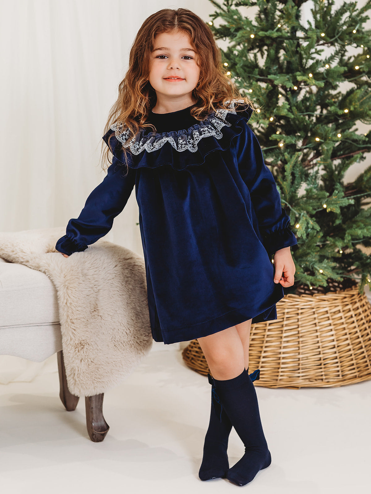 Evie Navy velvet & lace dress - Rose & Albert