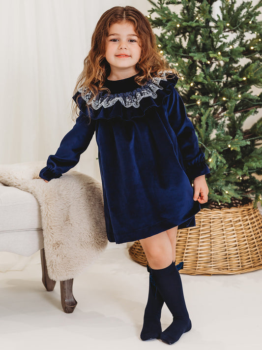 Evie Navy velvet & lace dress - Rose & Albert