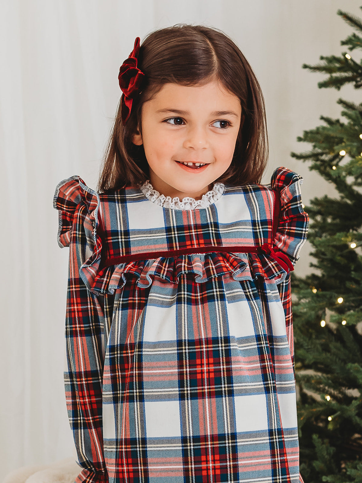 Noelle Tartan Dress with Burgundy Trim