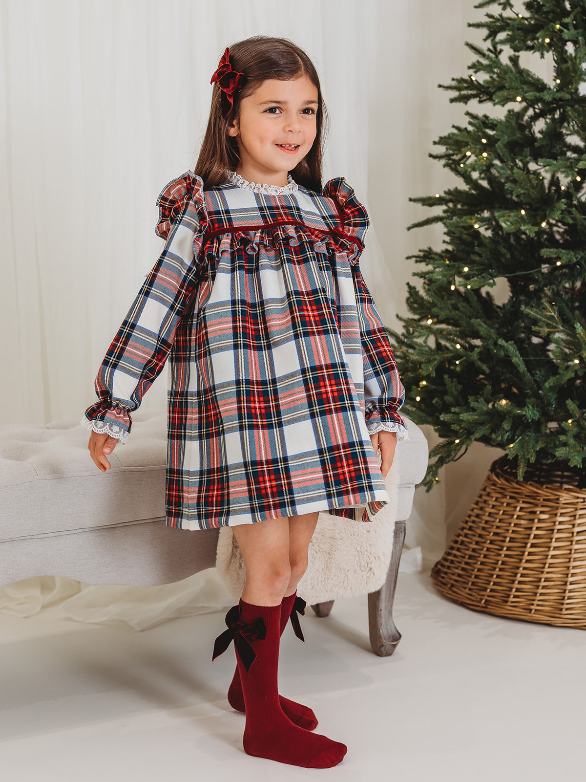 Noelle Tartan Dress with Burgundy Trim