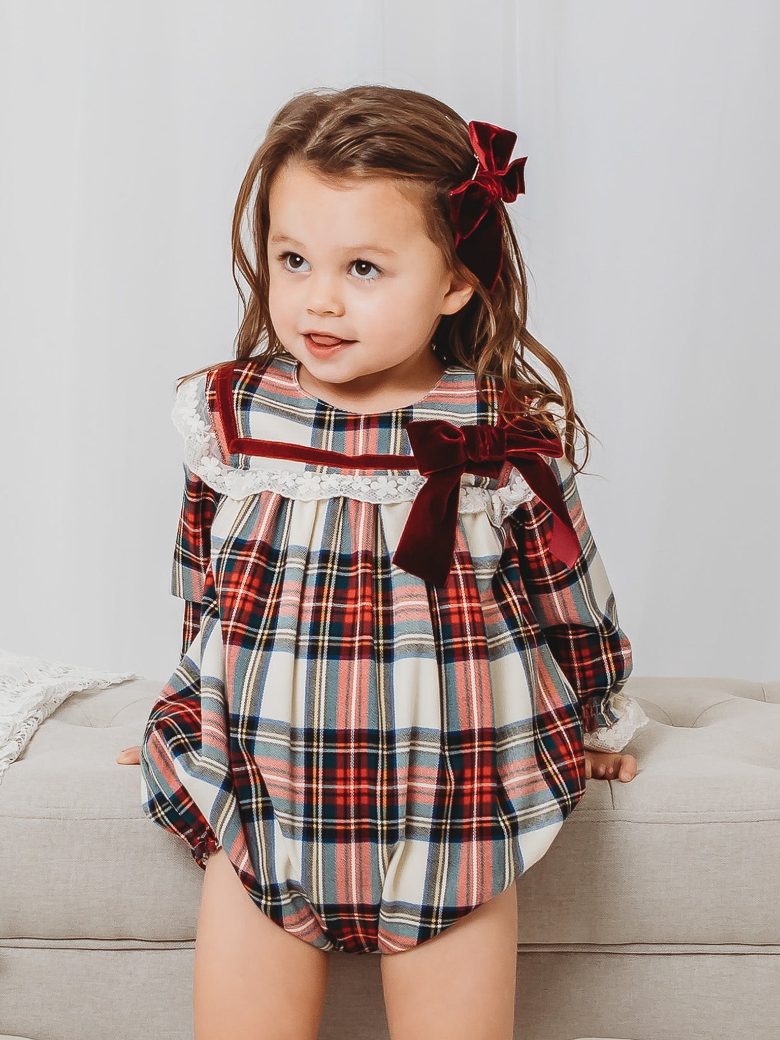 'Noelle' Tartan & burgundy romper - Rose & Albert