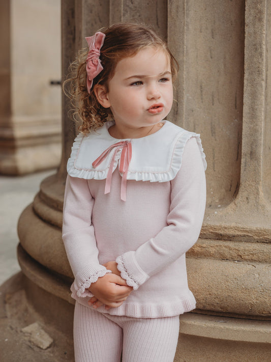 'Etta' pink knitted suit with bib collar - Rose & Albert