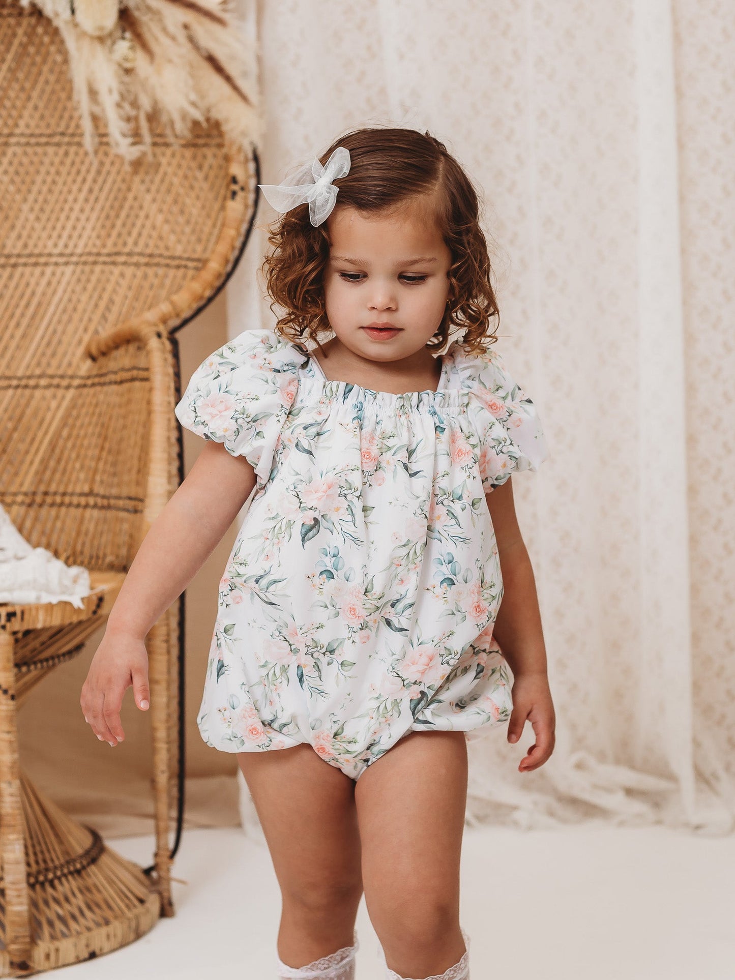 'Molly' white floral print bubble romper - Rose & Albert