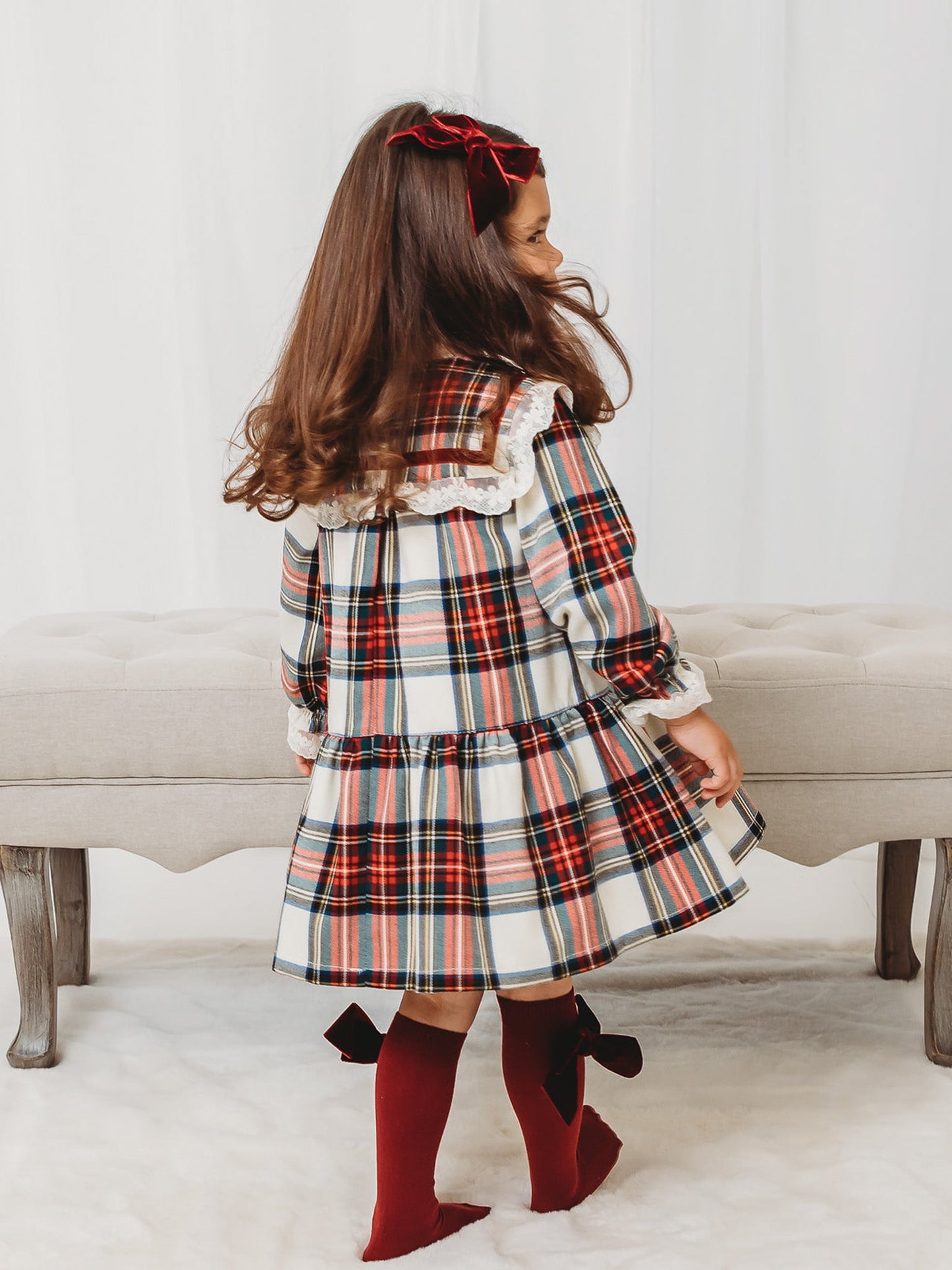 'Noelle' Tartan Dress with Burgundy Bow - Rose & Albert