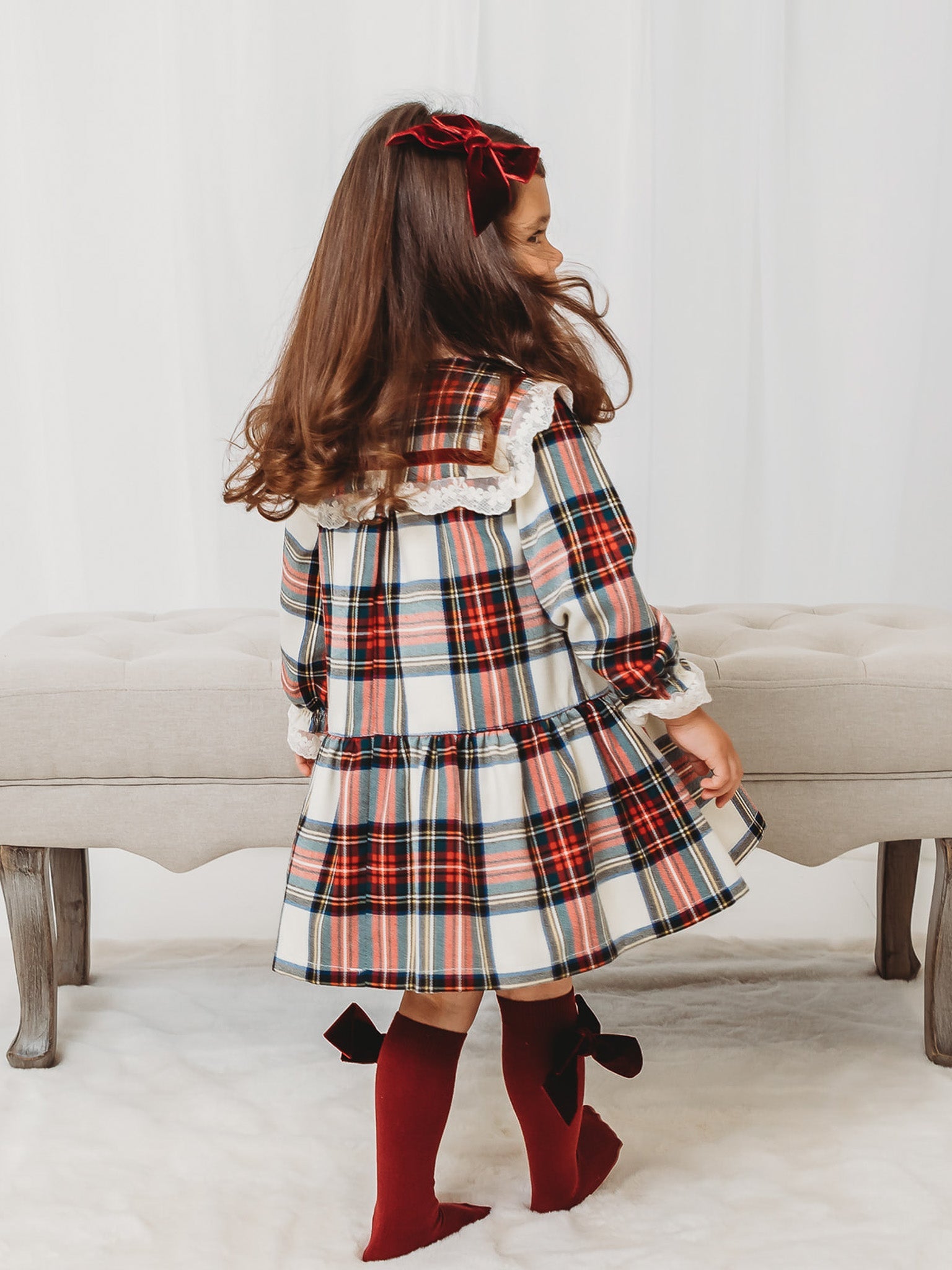 'Noelle' Tartan Dress with Burgundy Bow - Rose & Albert