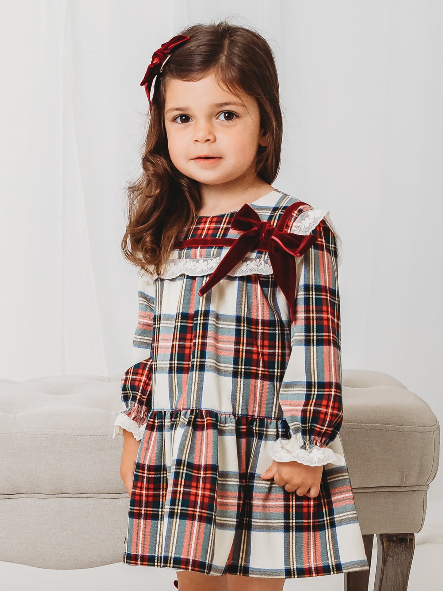 'Noelle' Tartan Dress with Burgundy Bow - Rose & Albert