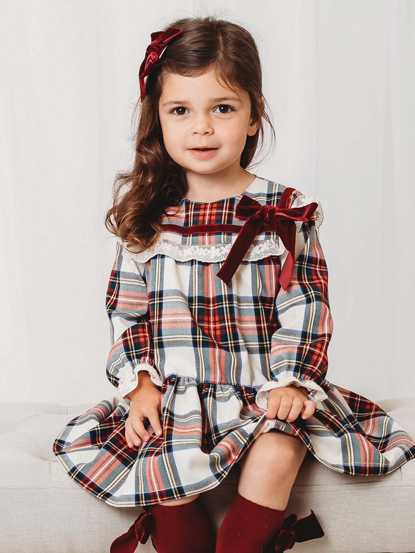 'Noelle' Tartan Dress with Burgundy Bow - Rose & Albert