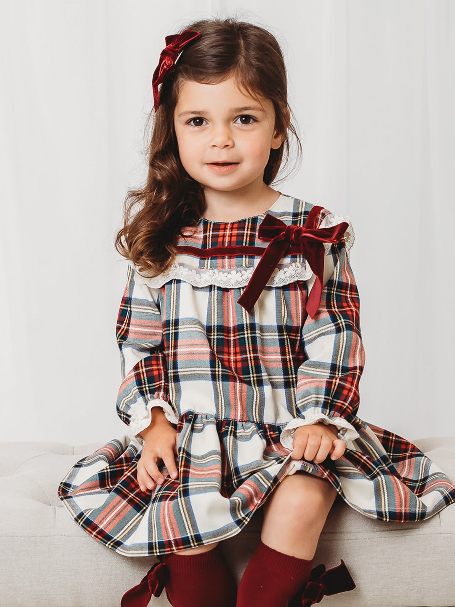 'Noelle' Tartan Dress with Burgundy Bow - Rose & Albert