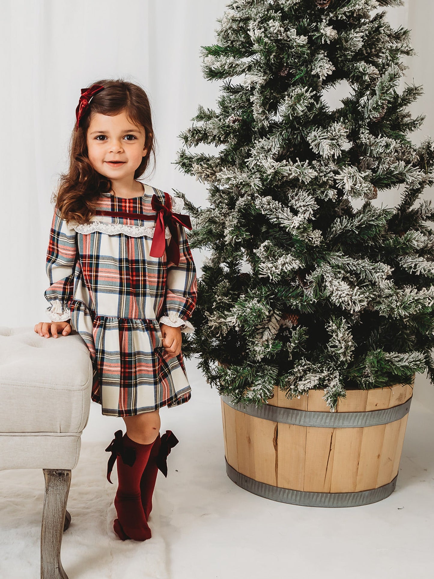'Noelle' Tartan Dress with Burgundy Bow - Rose & Albert
