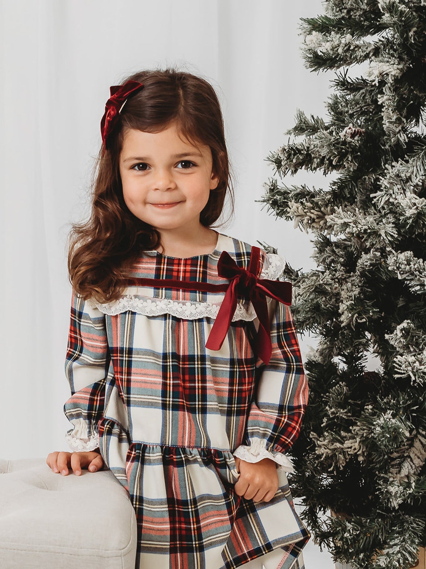 'Noelle' Tartan Dress with Burgundy Bow - Rose & Albert