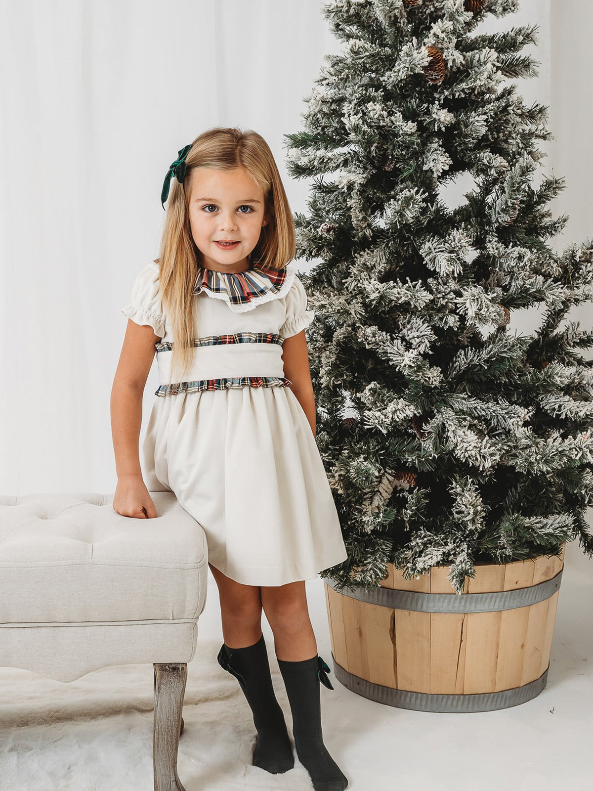 'Ivy' Ivory velvet & tartan dress - Rose & Albert
