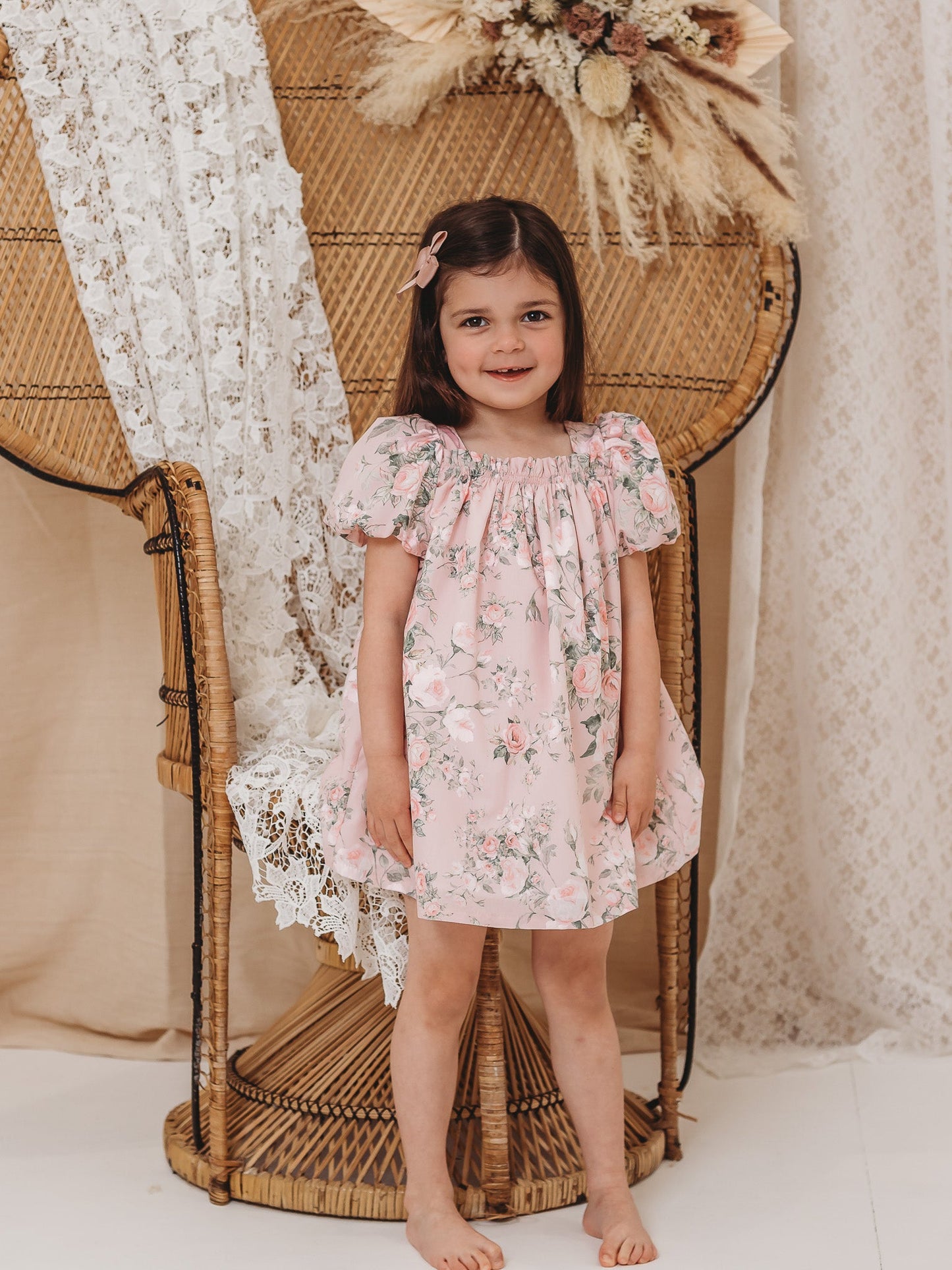 'Sofia' pink floral print puff sleeve dress - Rose & Albert