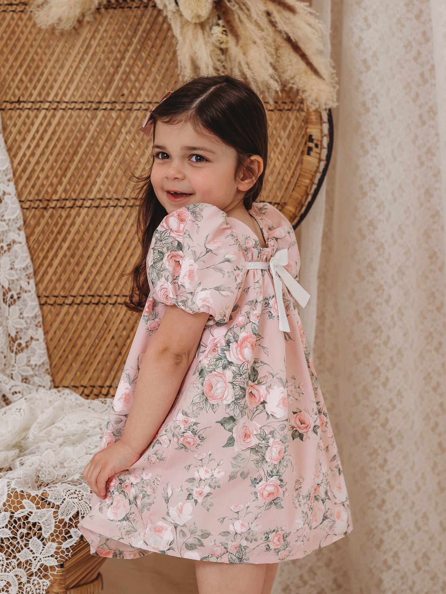 'Sofia' pink floral print puff sleeve dress - Rose & Albert