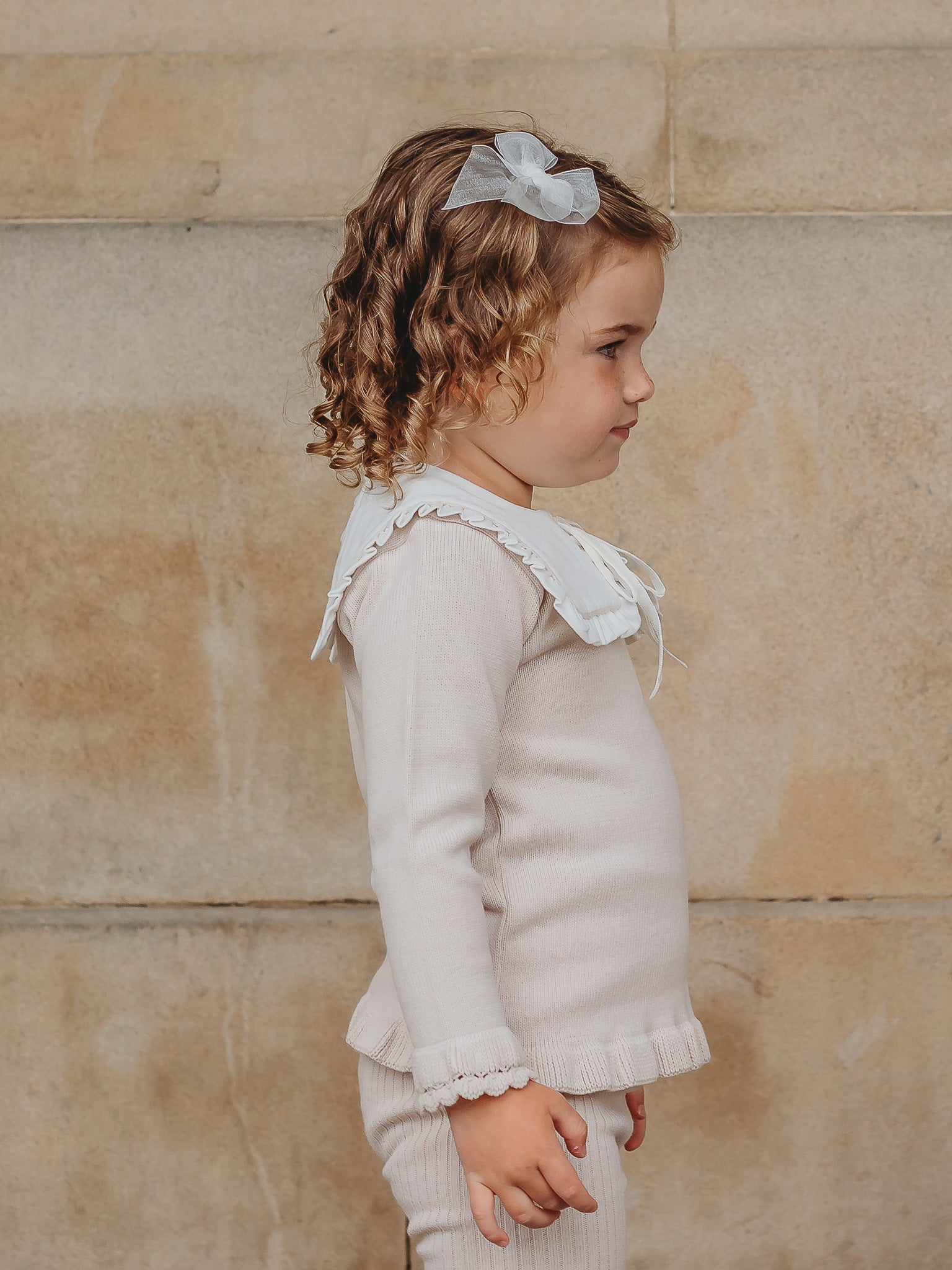 'Mabel' beige knitted suit with bib collar - Rose & Albert