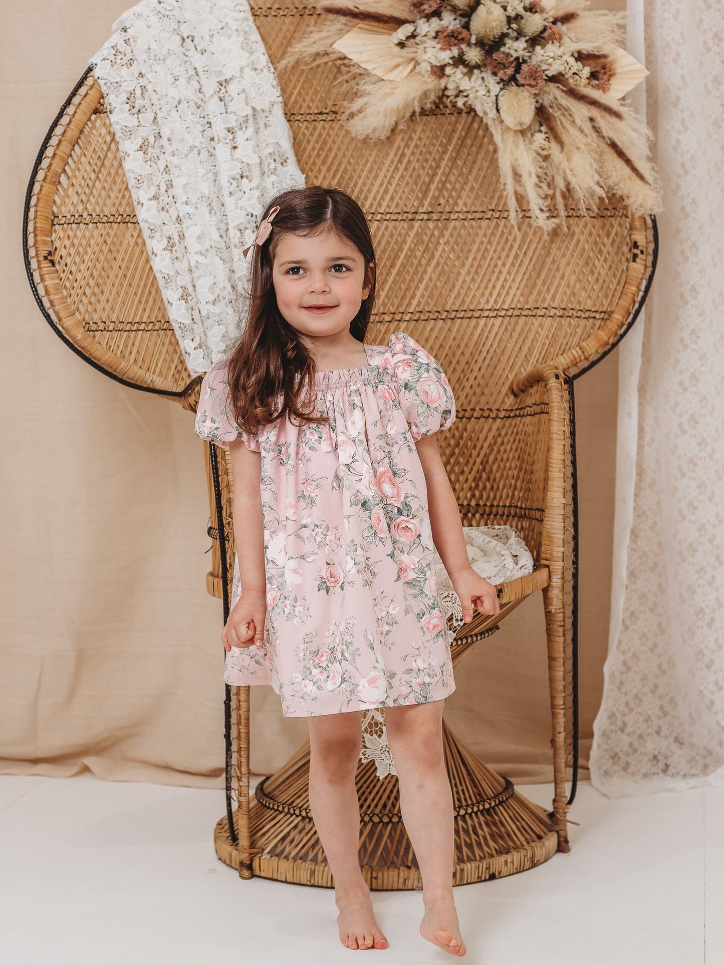 'Sofia' pink floral print puff sleeve dress - Rose & Albert